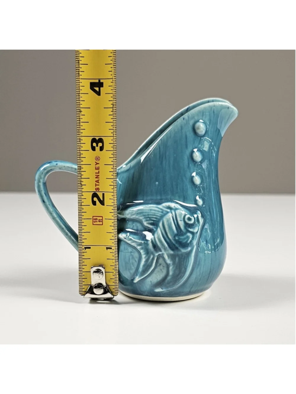 Vintage Teal Blue Ceramic Fish Creamer Pitcher 3.75